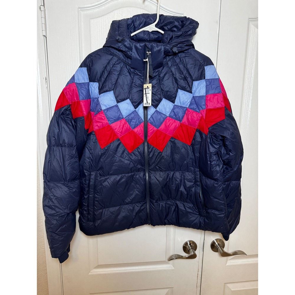 Marine Layer Archive Womens XL Puffer Jacket Navy Chevron Quilted Hooded - Picture 3 of 8